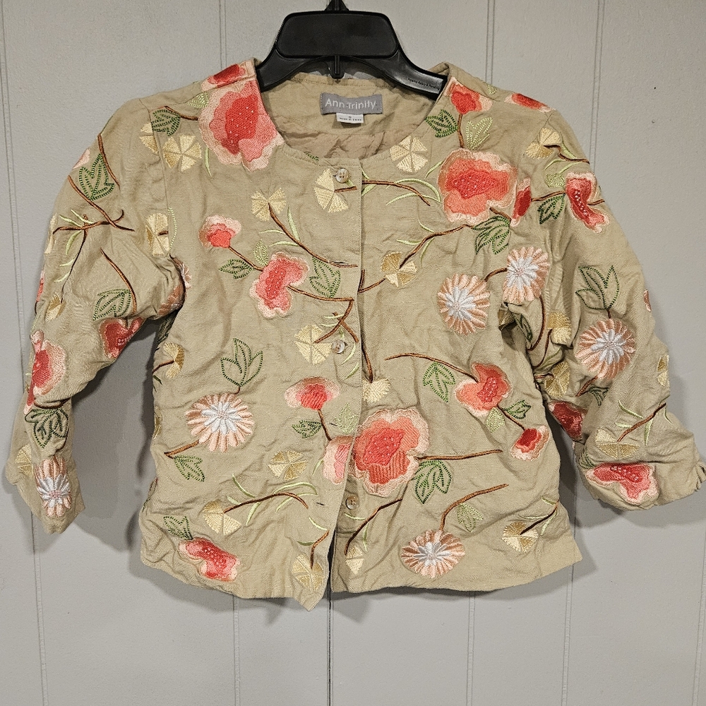 Ann Trinity Top Womens Small Brown Floral Embroidered Button Up Shirt Blouse